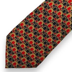 LANVIN Paris Neck Tie Vtg 100% Silk Made in France Geometric Navy Blue Red Gold